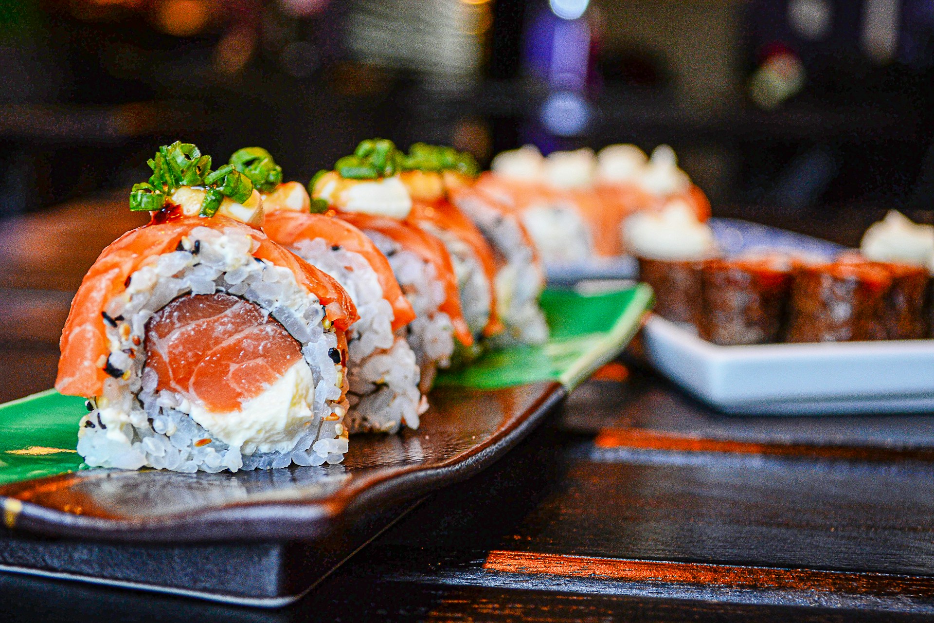 Fresh salmon sushi, naturally halal-suitable