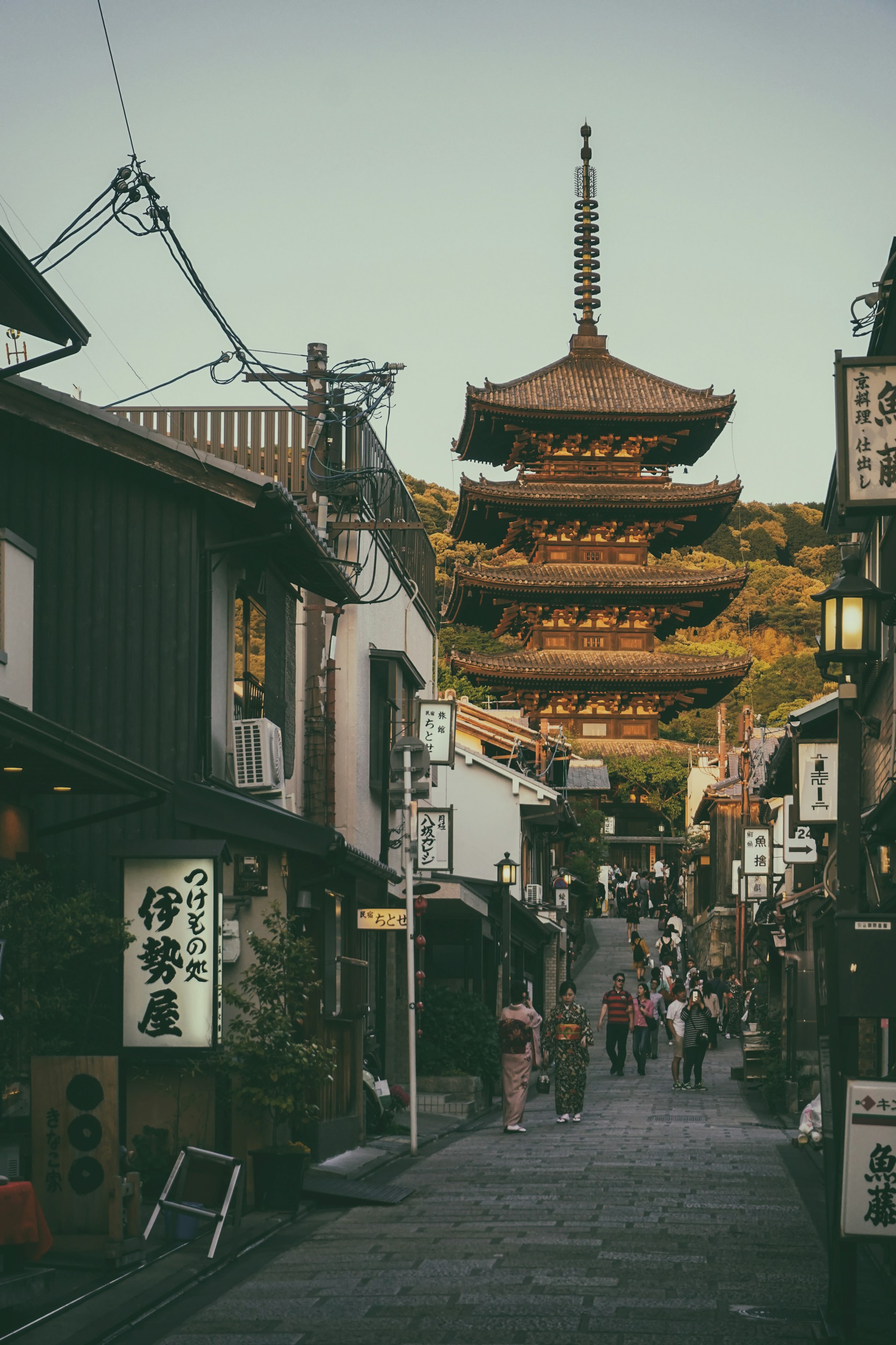 Yasaka Pagoda above Kyoto's old lantern-lined street